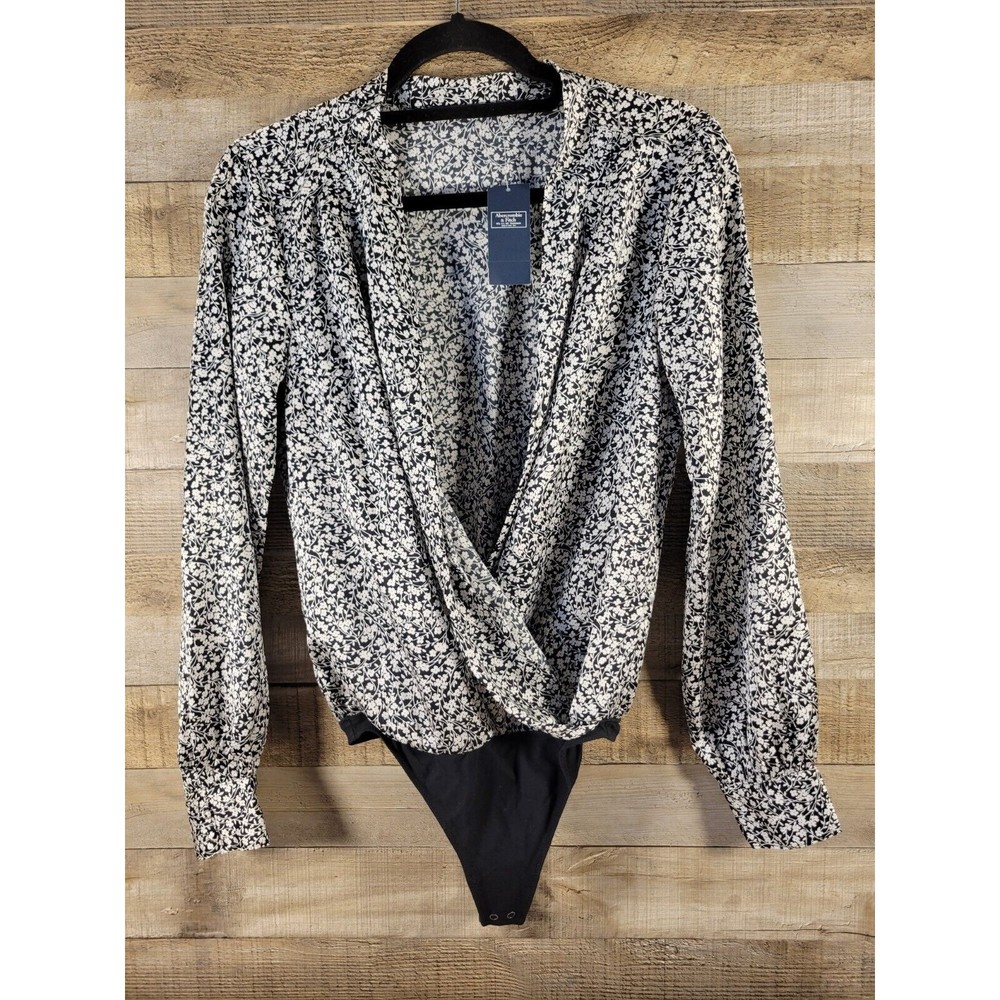 Abercrombie & Fitch Women Navy/White Floral Print Bodysuit Flowing Blouse